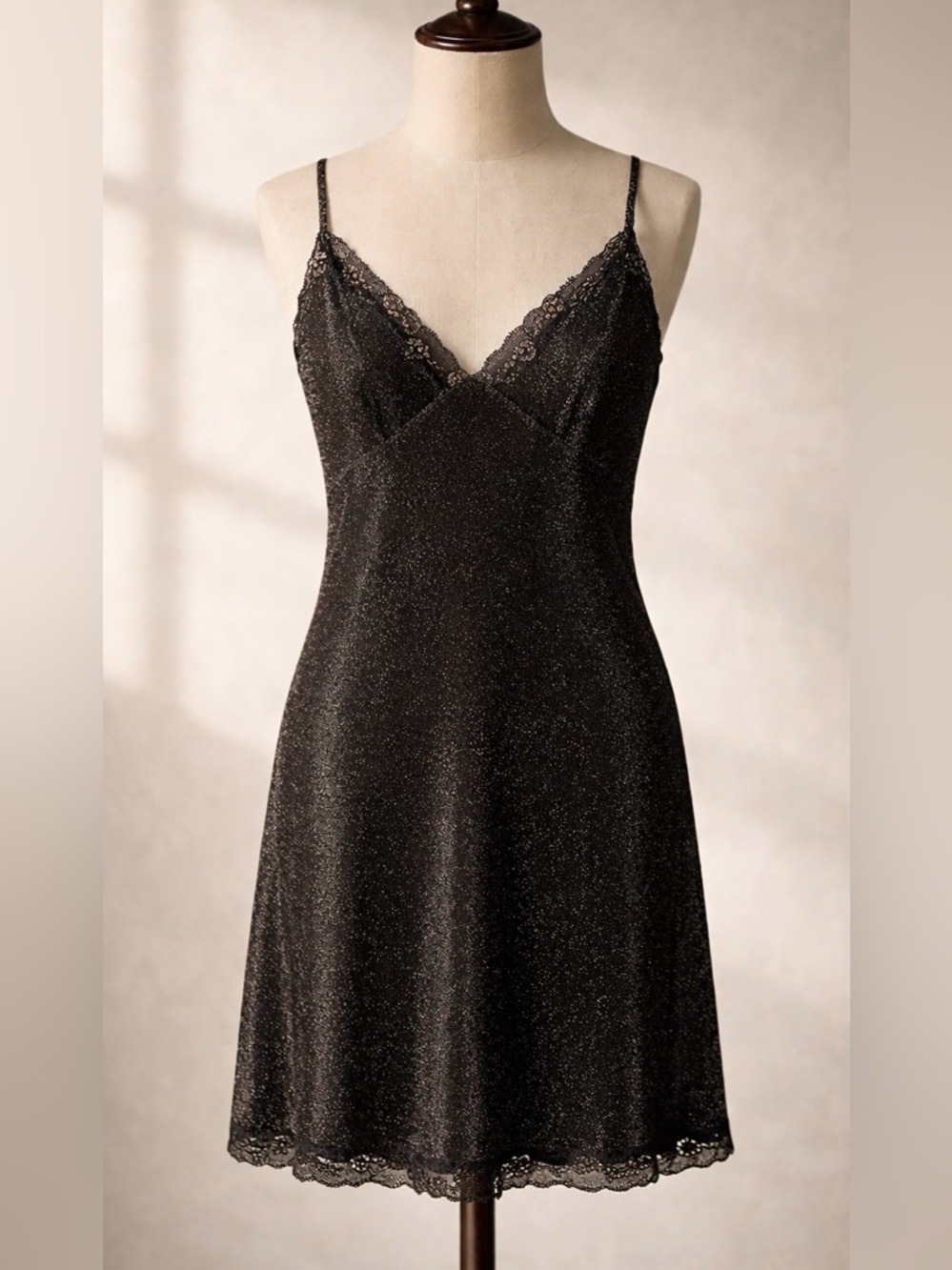 Victorias Secret Nightie Size M Black Gold Shimmer Lace Slip Dress Boudoir Glam